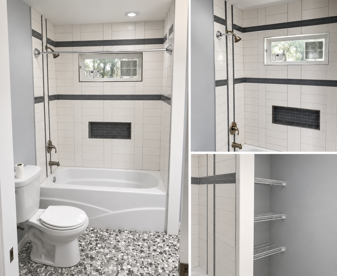 White tile tub surround with dark grey mosaic accent stripes, pebble floor, and built-in linen shelving