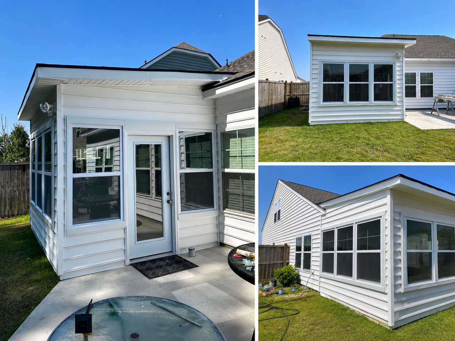 Custom sunroom addition with white siding, large windows, and concrete patio