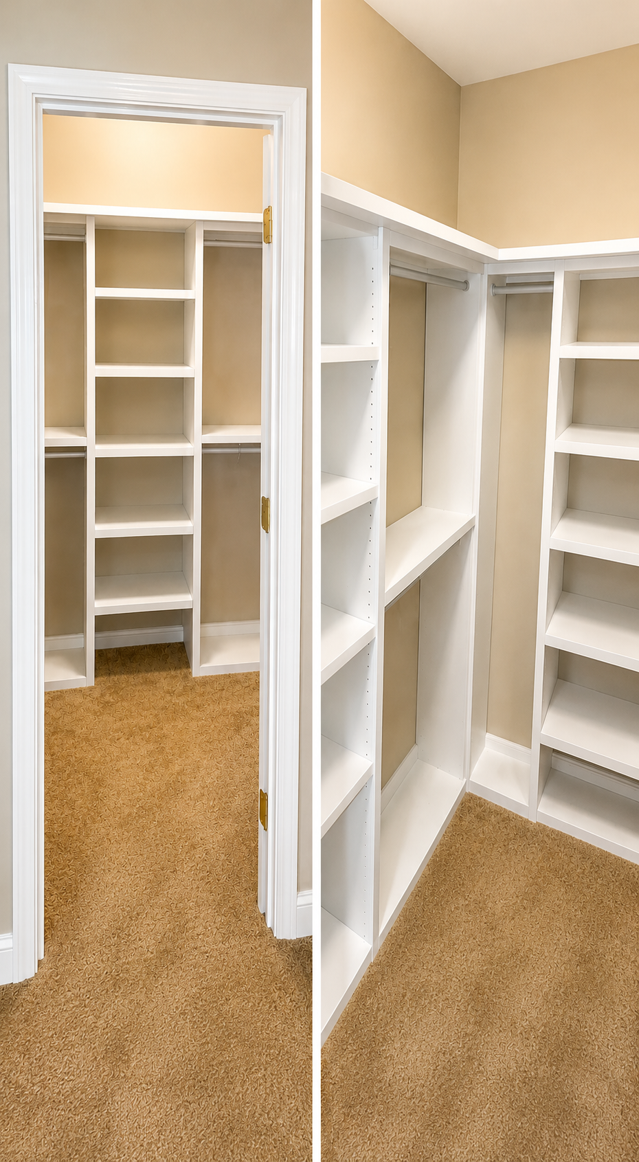 Custom walk-in closet built-ins with white adjustable shelving, hanging rods, and shoe storage