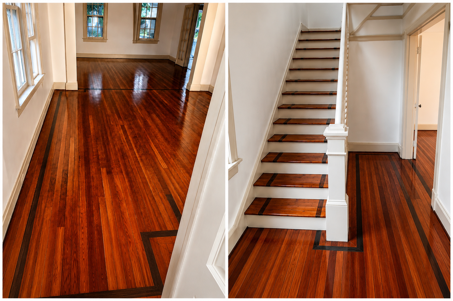 Refinished cherry hardwood floors with dark walnut inlay border in a hallway and staircase