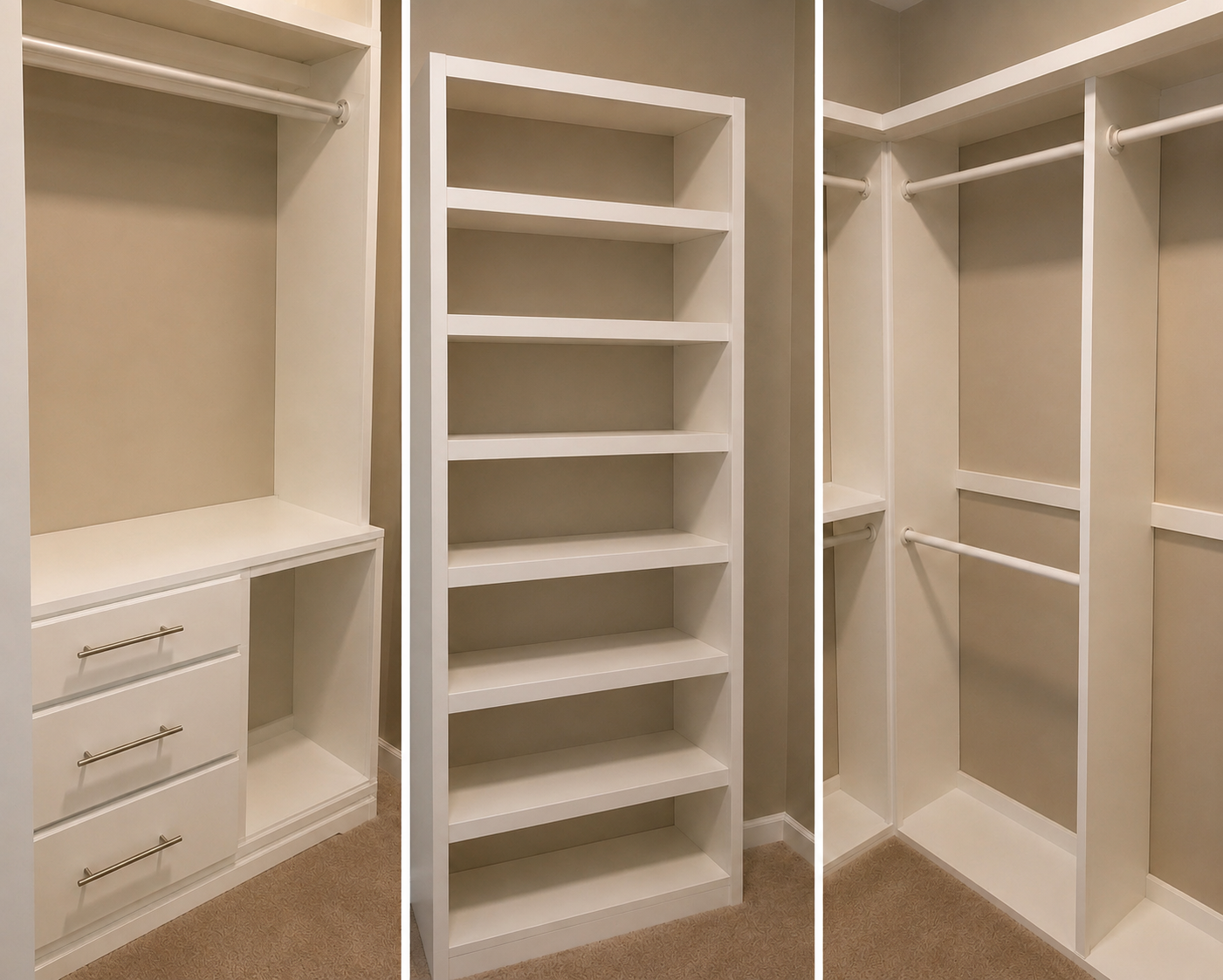 Custom walk-in closet build featuring white drawer bank with shelving, tall open shelving tower, and corner double-hanging rods