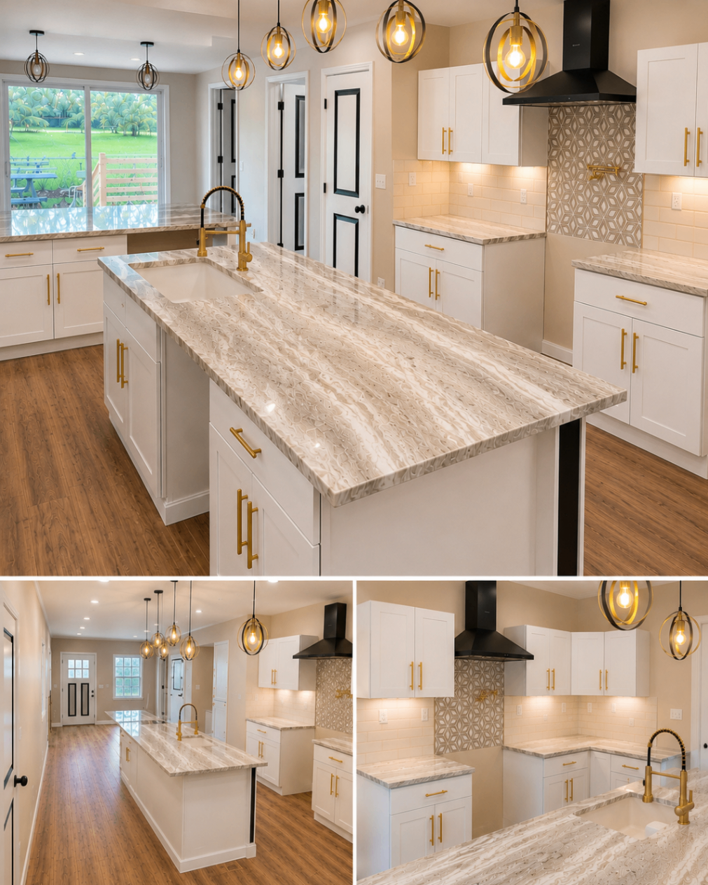 Custom kitchen with white shaker cabinetry, brushed gold hardware, and stone waterfall island