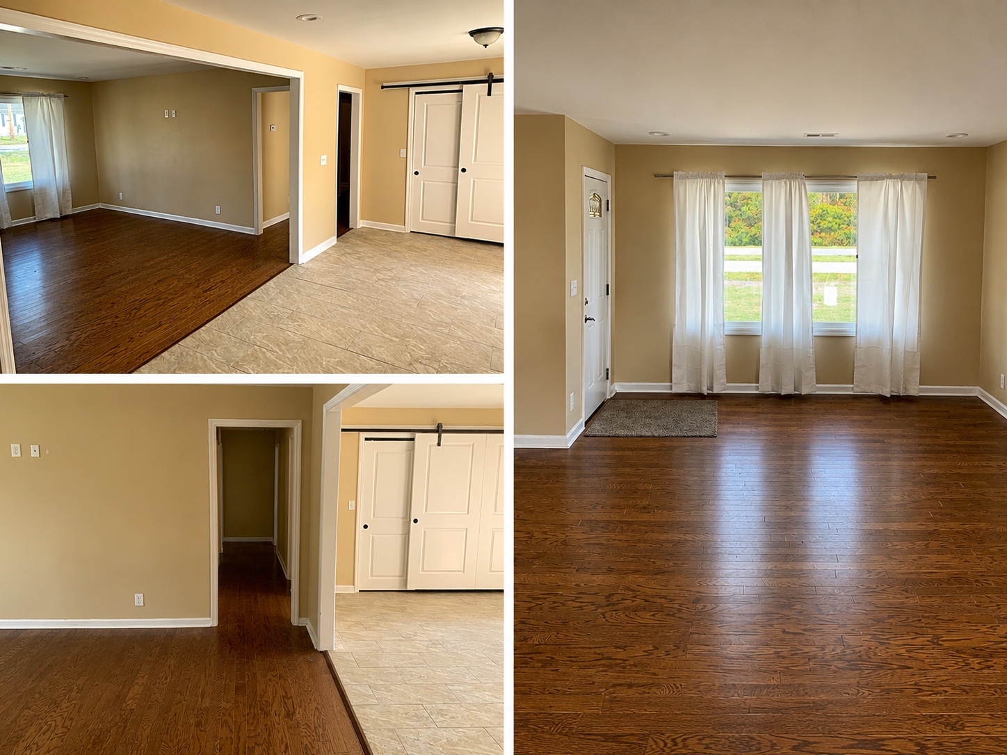 Refinished dark oak hardwood floors with tile transition and open living area